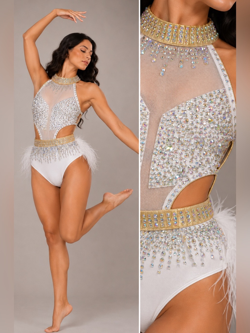 Glamour competition solo dance costume white jazz feather sassy MC-Medium child
